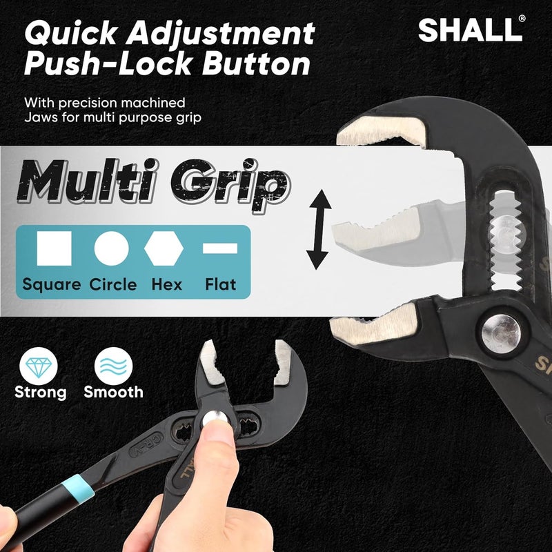 SHALL 3-Piece Groove Joint Pliers Set (12, 9-1/2, 7 Inch), Push-Lock Water Pump Pliers In Cr-v Steel, Fast Adjustable Tongue and Groove Pliers with Tool Roll Bag for Home Repair & Plumbing - Image 4